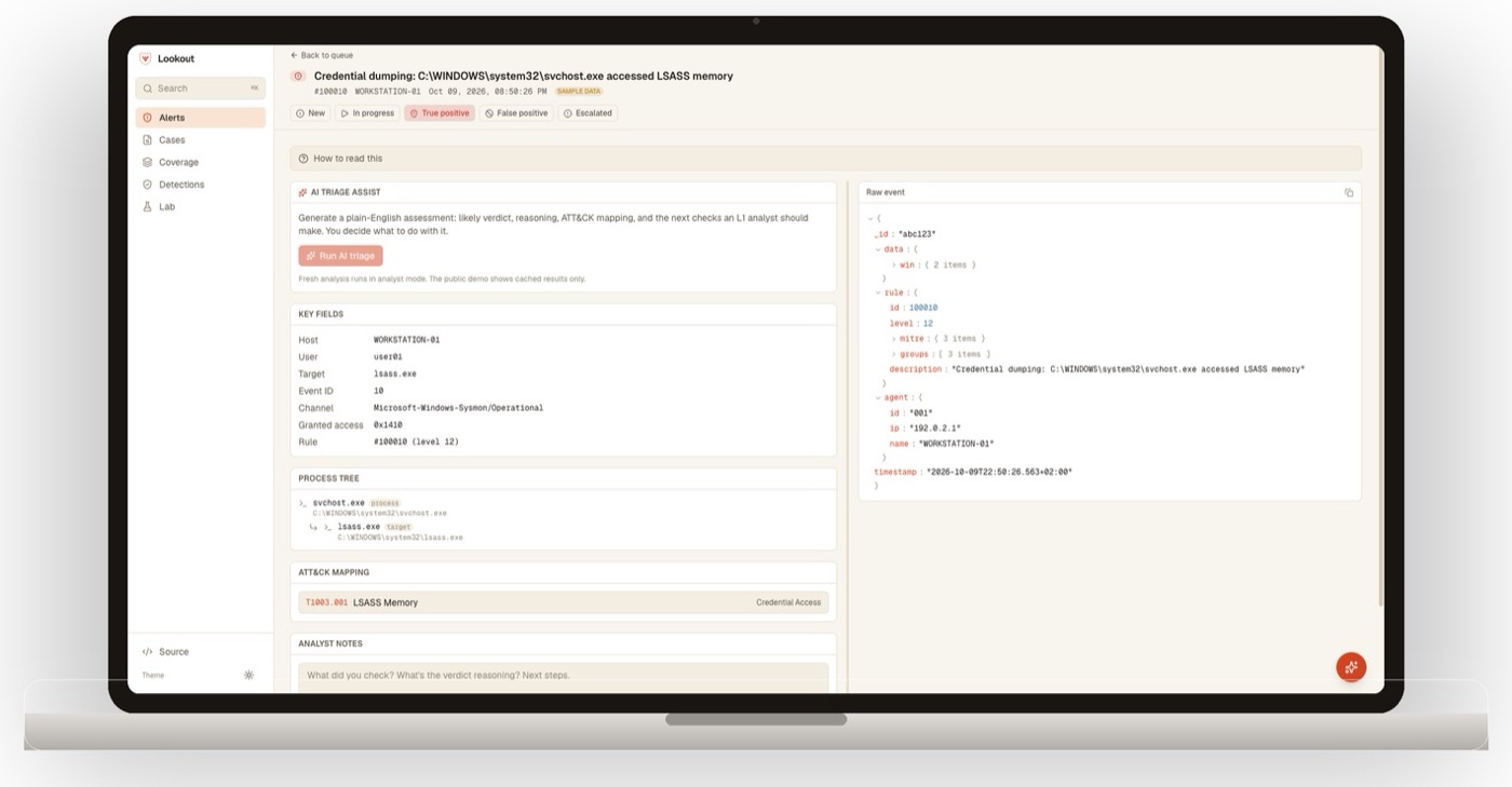Lookout alert detail with key fields, process tree, ATT&CK mapping and raw event